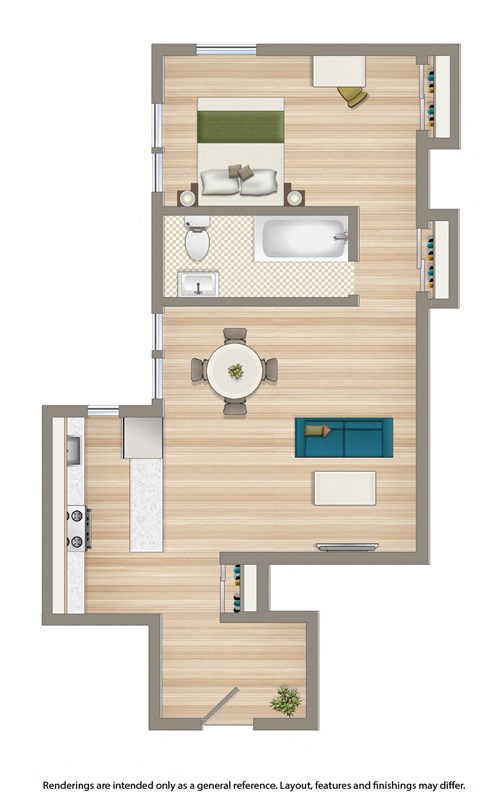 Floor plan for 1 bed, 1 bath, 570 sqft
